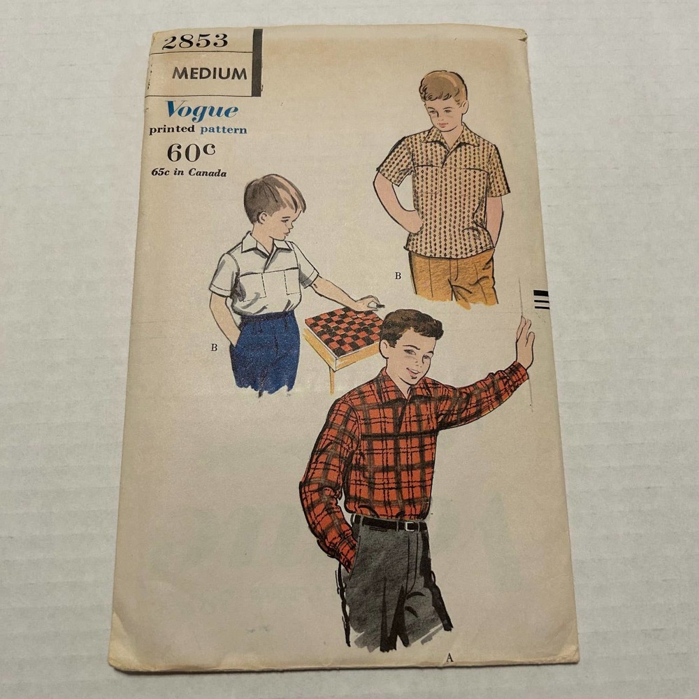Vogue Vintage 1950's Pattern #2853 Boys Sport Shirts Size‎ Medium Neck 12.5-13"